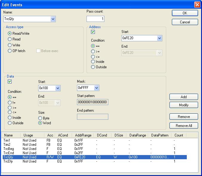 Additional information on C-SPY drivers Edit Events dialog box The Edit Events dialog box is available from the Emulator menu.