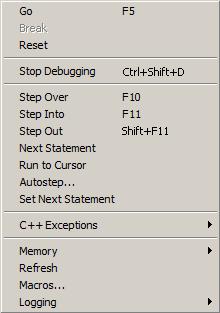 Getting started using C-SPY Debug menu The Debug menu is available during a debug session. The Debug menu provides commands for executing and debugging the source application.
