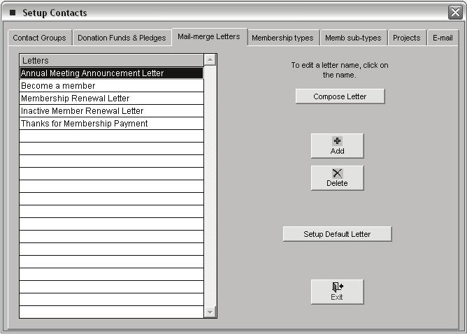 286 PastPerfect Museum Software User s Guide Figure 17-1 Contacts Setup Screen Select Mail-Merge