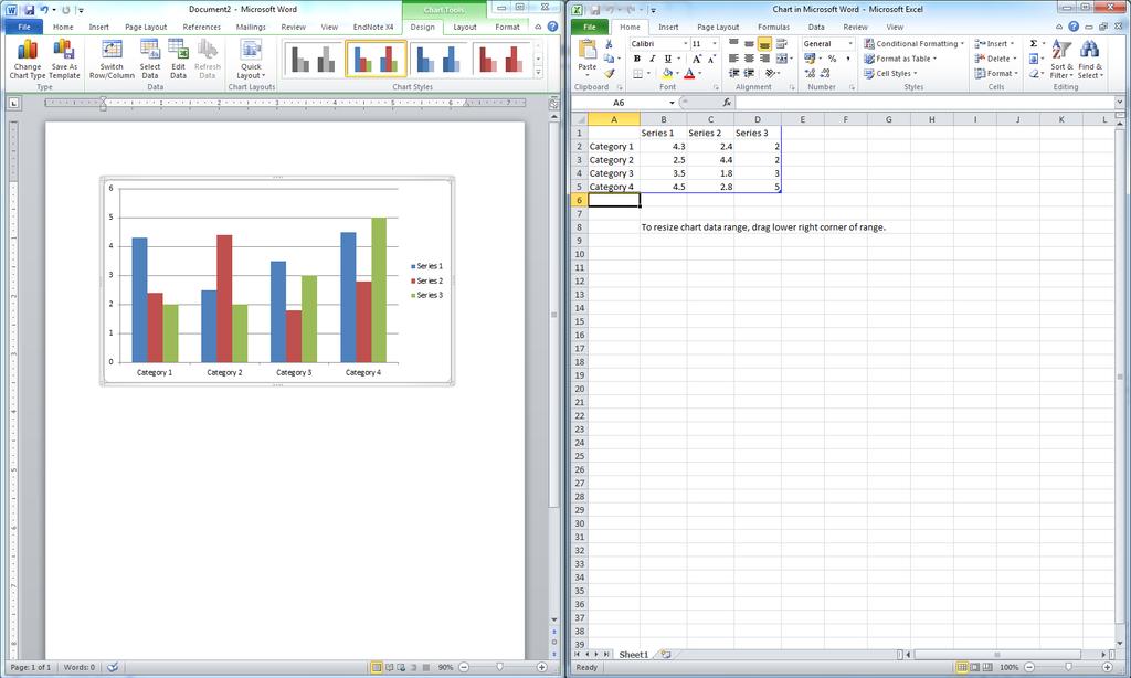 CHART Position the Cursor where you need the chart to be displayed Insert Illustration Click the Chart button Select the required Chart The screen will divide in two, displaying word on the left and