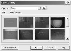 The masters in the Master Gallery are grouped into categories. You can use a master provided with Presentations in the Master Gallery.