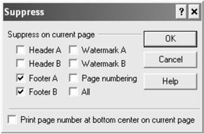 In the next step, you ll remove the footers from both the title page and the table of contents. To remove the footer from specific pages 1 With the cursor on page 1, click Format Page Suppress.