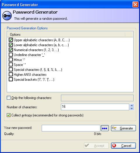 KeePass provides tools for generating passwords for you, completely at