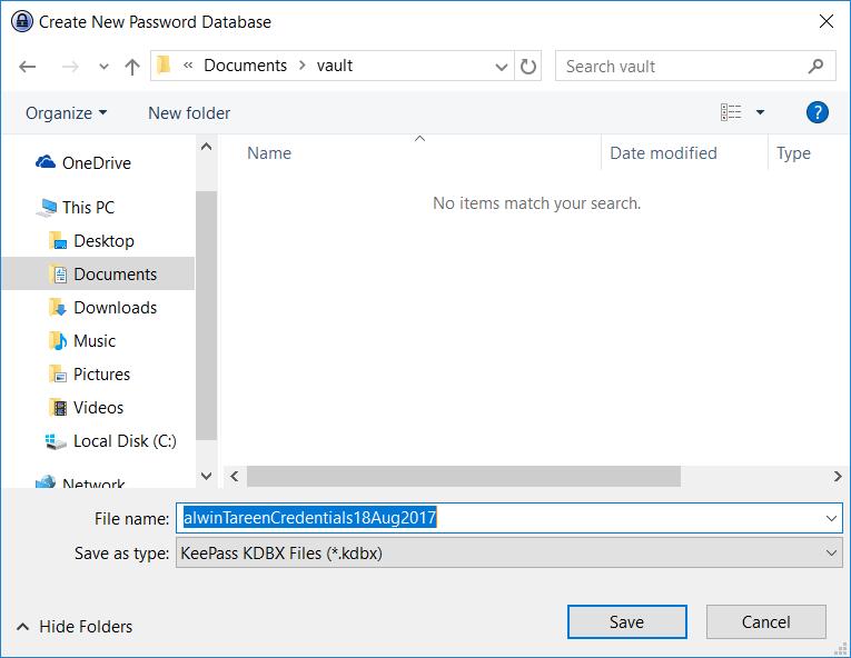 The Create New Password Database window appears. I have chosen to save my password database file in a directory named vault, which is a sub-directory of Documents.
