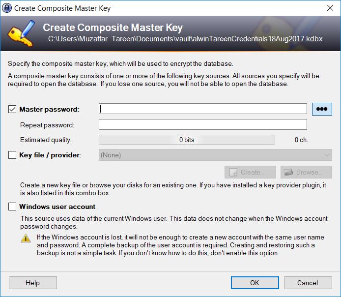 Then, the Create Composite Master Key window appears. Here, you are expected to create a Master password that unlocks this database file.
