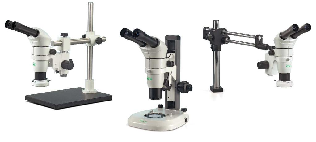 CMO Stereo Microscopes Boom Mount, ideal for larger specimens Bench Stand, compact and versatile Dual Arm Boom, for enhanced flexibility Stable platform base, or mounted directly to the user s work