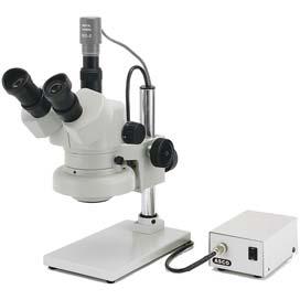 The microscope includes a 303 mm high column and a 9W fluorescent built-in light. The eyepieces are 45 inclined and the desk is 360 rotatable. Magnification : 6.