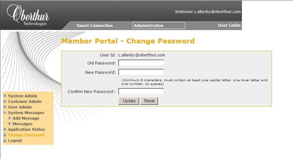 Changing Passwords Click the Administration tab at the top of the window to access Administrative functions. Click Change Password on the menu at the left of the screen.
