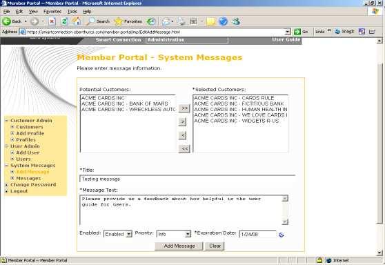 Figure 63 The Member Portal System Messages Screen, Adding Messages A confirming message, Message successfully added, is displayed: Disabling or Updating System Messages Use this option to disable
