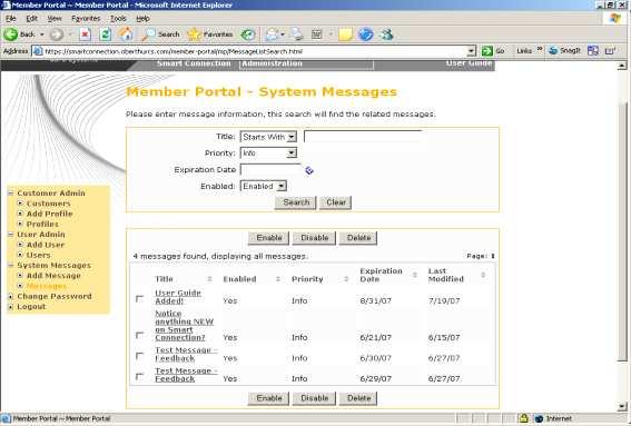 Figure 65 The Member Portal System Messages Screen, Showing Search Results Use the checkboxes to the left of the message Title to select messages for update.