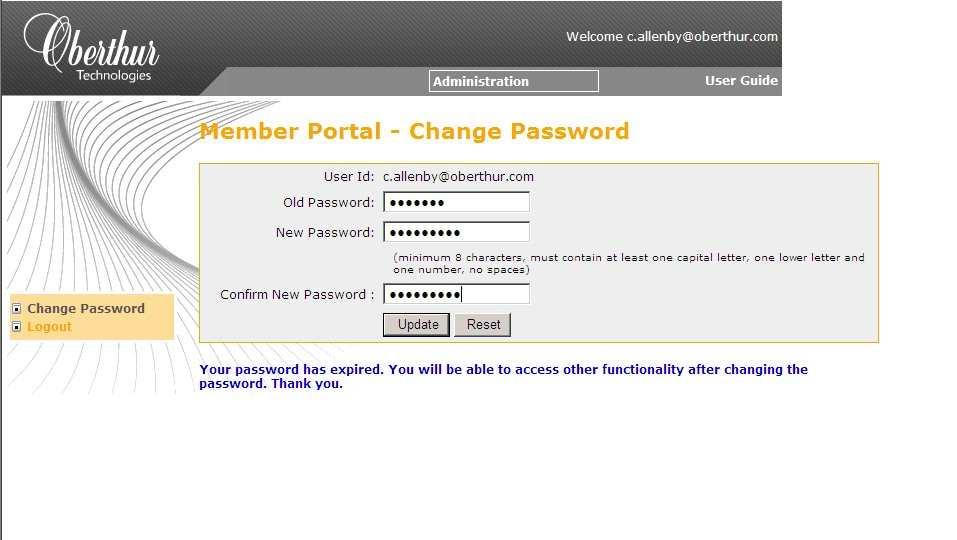 Figure 4 The Member Portal Change Password Screen Type the old password, type the new password, and then