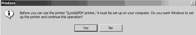 Select your printer. Choose the Postscript driver (ending with PS). Click Next. Type a name for your new printer. (example: PDF creation).