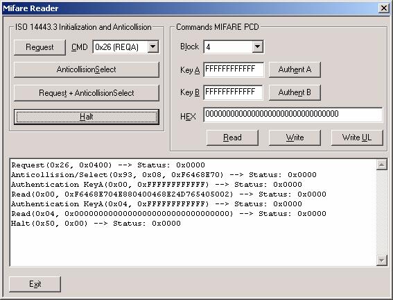 Fig 5. Mifare Reader Dialog In order to operate a MIFARE (Standard or Ultra Light) card it is required to step through Request and AnticollisionSelect.
