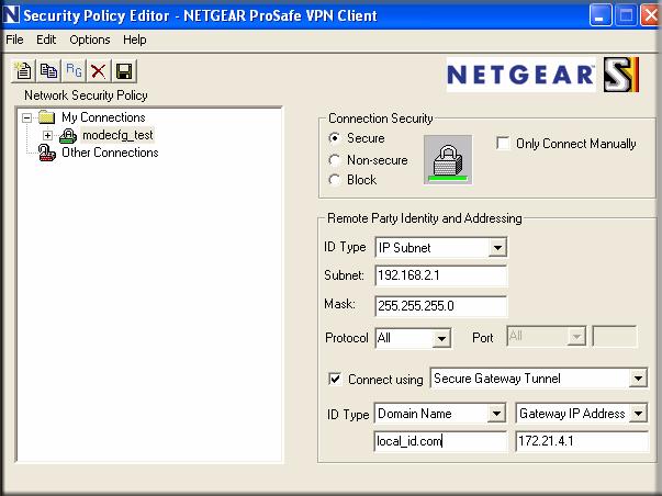 Configuring the ProSafe VPN Client for ModeConfig From a client PC running NETGEAR ProSafe VPN Client software, configure the remote VPN client connection. To configure the client PC: 1.