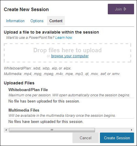 4. Optionally, click Content to upload files. Whiteboards can be exported from any Blackboard Collaborate sessions and saved for future use.