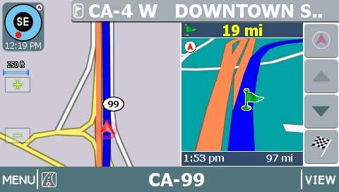 In the Main Turn-by-Turn View, the right side of the display shows the Next Maneuver arrow and the distance to that maneuver as you follow the calculated route.