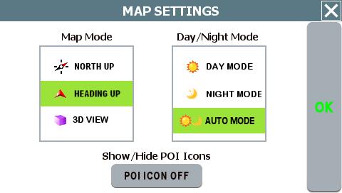 2. Tap the MAP SETTINGS button. The Map Settings screen opens. (See below.) Map Settings screen 3.