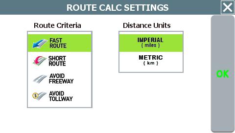 Setting Default Route Calculation Criteria Use the ROUTE SETTINGS option in the Settings screen to configure default route calculation criteria.