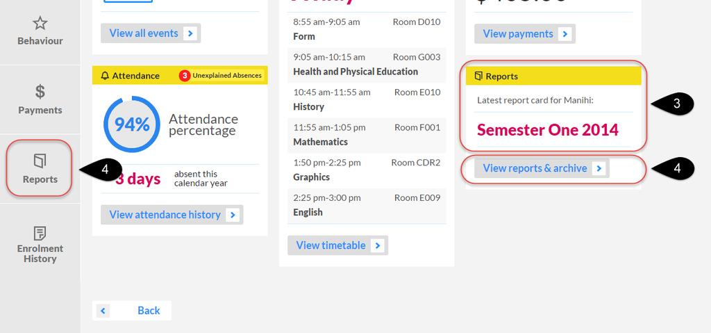 4. Click on the Reports tab or click the View reports button to display the student s current academic report. 5.