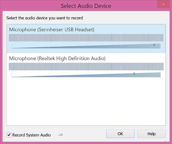 4. To select the audio input, click the Audio button on the top tool bar. A pop up box will display all of the available audio input devices. Click on the device to be used.