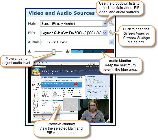 Video and Audio Sources Video and Audio Sources show the selected video and audio sources. There is also an audio monitor and video preview to help you set up your session.