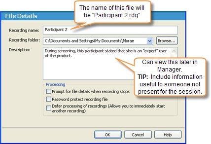 File Details Recorder > Modify Recording Details button > File Details The fields in the Recording File Details settings of the Recording Details dialog box define the recording name, folder, and