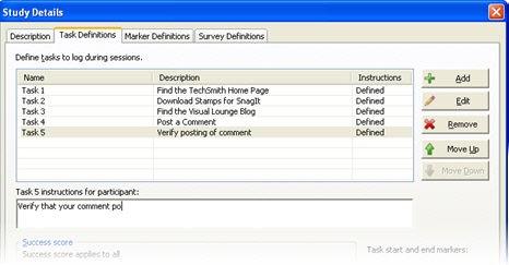 Define the Study Tasks Recorder > Modify Study Details > Task Definitions tab The fields in the Task Definitions tab of the Study Details dialog box define the task names, descriptions, instructions,