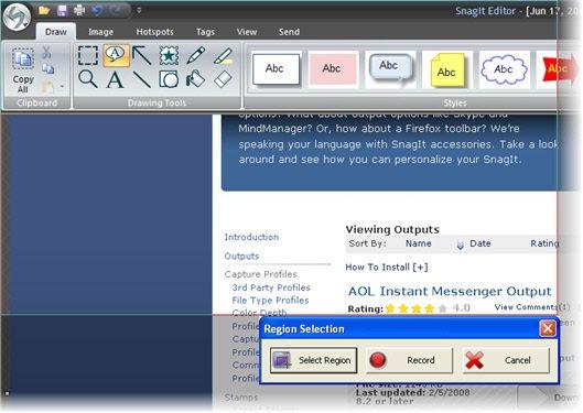 Select a Region To record only a portion of the full computer desktop, choose to record any rectangular Region of the desktop.