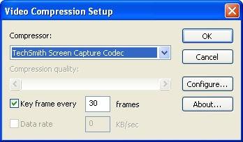 Screen Video Compression Setup Options In the Video Compression Setup dialog box, you can change your screen video codec selection and adjust compression quality and key frame rate.