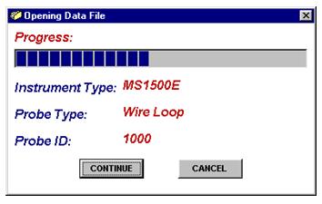 Loading a Data File After selecting a data file (or clicking the Chart Data button from the Instrument Download Center) a status window will display the progress of the file being opened, along with