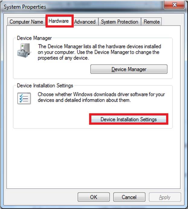 On the System Properties dialog box, click the Hardware tab,