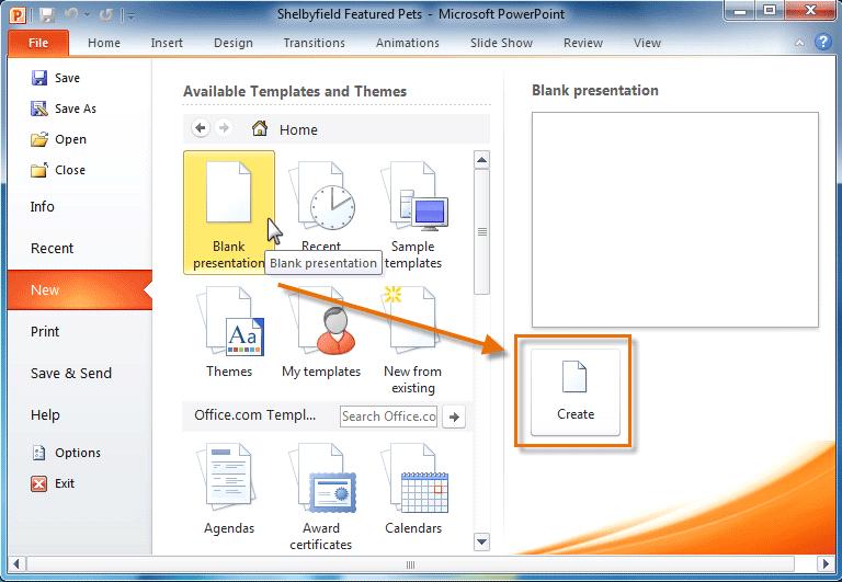 It will be highlighted by default. 4. Click Create. A new, blank presentation appears in the PowerPoint window.