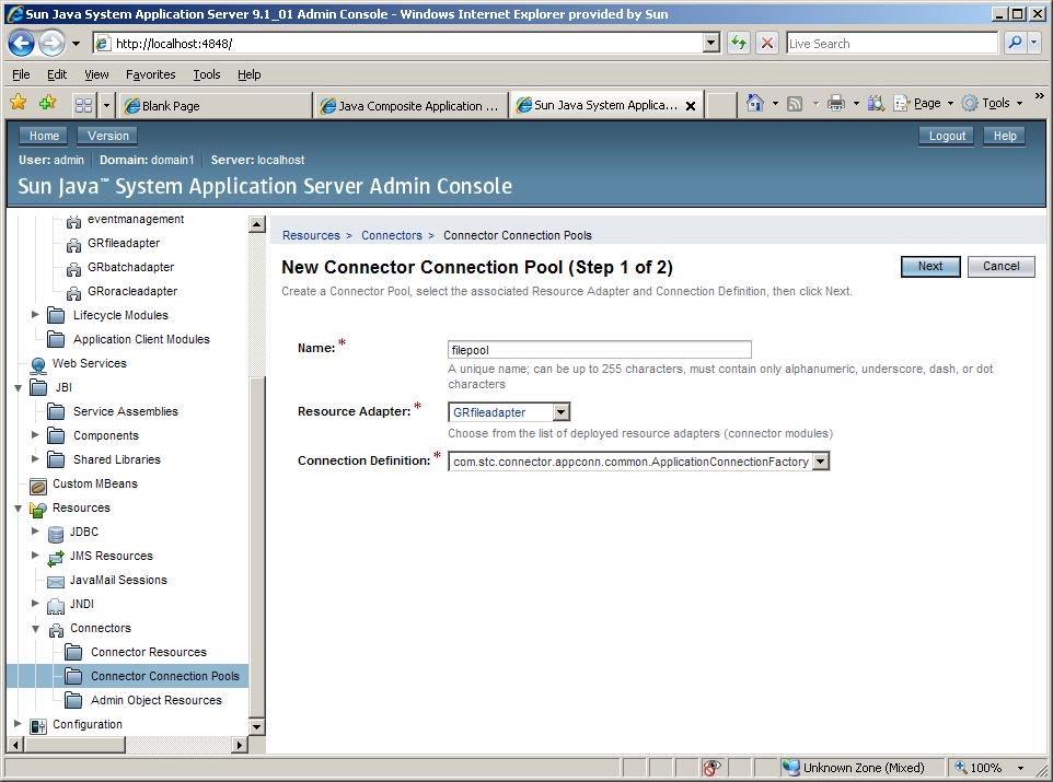 Configuring Runtime Components in an EJB/JCA Application 4 5 6 Click Next, and then Finish. Create an Outbound Connector Resource from the Resource Pool above.