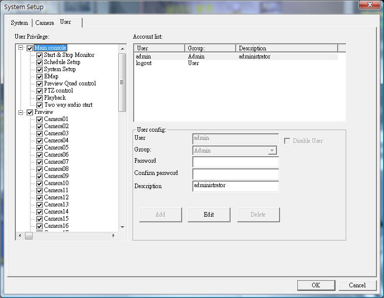 SecuGuard Basic V.5 1. Main-console 1.5.3 User page at System setup dialog: 1.5.3.1 User Privilege: User Privilege tree is to define user s privilege of each function of system.