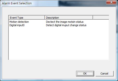 SecuGuard Basic V.5 1. Main-console Step 1 : Select the camera which you want to add event. Step 2 : Click Add button to approach Alarm Event Selection dialog.