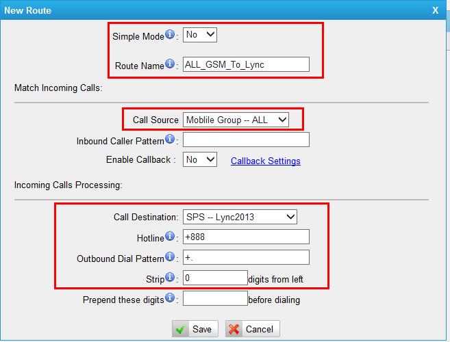 Figure 50 Disable the Simple Mode to get the advanced settings. Call Source: Choose the mobile group we created in Step 1. DID Number: +., remember there is a point after +.