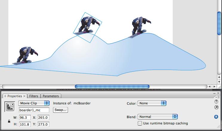 4 Select the Selection tool in the Tools panel, and select the middle snowboarder. 5 Go to the Property inspector, and type boarder1_mc as the instance name for the snowboarder.