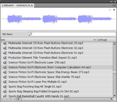 To import a sound from the Sounds Library: 1. Click the Windows menu, point to Common Libraries, and select Sounds. The Sounds Library panel opens (see Figure 16). 2.