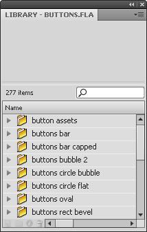 To insert a button from the Buttons Library: 1. Click the Window menu, point to Common Libraries, and select Buttons. The Buttons Library panel opens (see Figure 22