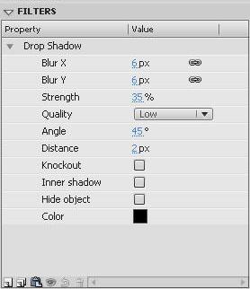 3. In the Property inspector, click the arrow next to Filters to expand the section. 4. In the Filters section, click the Add filter button and select Drop Shadow.