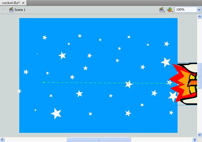 Figure 13 Rocketship Graphic Symbol on the Left Side of the Stage 4. Right-click the rocketship graphic symbol on the Stage and select Create Motion Tween. 5.