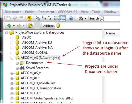 3.0 ProjectWise Explorer Login In ProjectWise Explorer click on the datasource your project is located in.