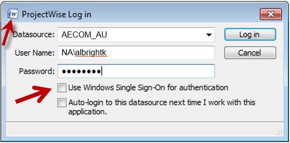 You can set ProjectWise to automatically use Single Sign-on by placing a check mark in the Use Windows Single Sign-On for authentication check box which will eliminate the need to enter your user