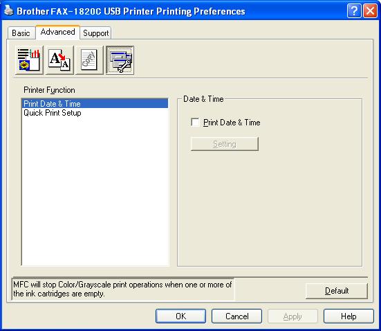 Device Options Lets you set the following Printer Functions: Print Date & Time When enabled the Print Date and Time feature will print the date and time on your document from