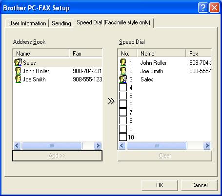 Speed-Dial setup From the Brother PC-FAX Setup dialog box, click the Speed-Dial tab. (To use this feature you must select the Facsimile Style user interface.