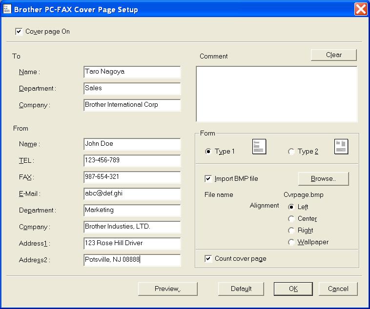 Setting up a Cover Page From the PC-FAX dialog box click, to access the PC-Fax Cover page setup screen.