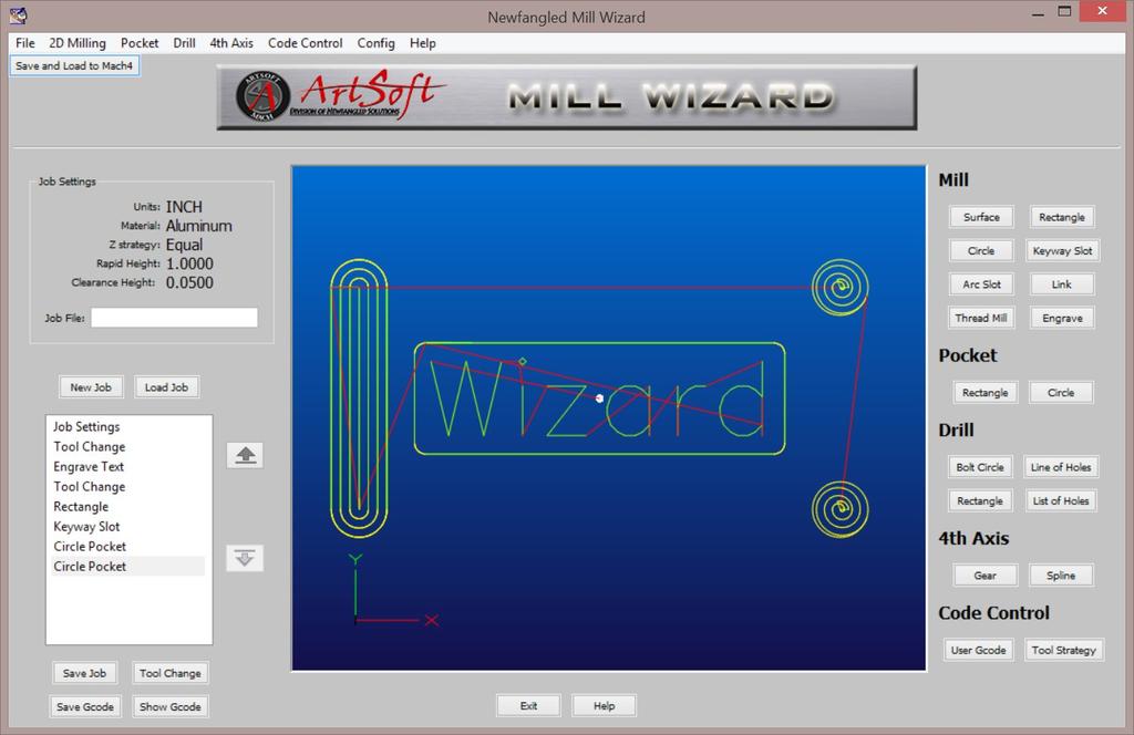 Mill Wizard can create programs with multiple tools and features. Features and shapes include rectangles, circles, links, slots, hole patterns, engraving, gears, splines and more.