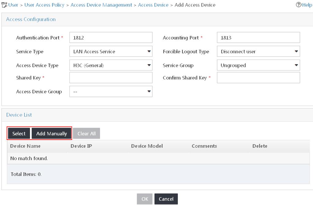 Figure 19 Add Access Device 4. Add the AC to UAM as an access device. You can manually add a device or select the device from the IMC platform. This example uses the manual method.