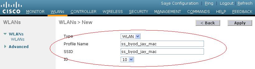 b. Enter ss_byod_jay_mac in the SSID field. c. Use the default values for other parameters. Figure 50 Configuring a WLAN 5. Click Apply. The page for editing the WLAN opens.