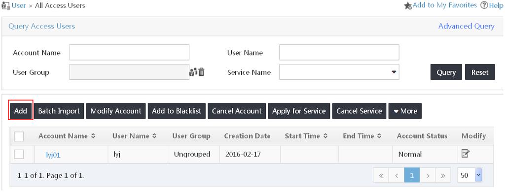 2. On the Access Service page, click Add. The Add Access Service page opens. 3. Configure the basic information for the access service, as shown in Figure 70: a.